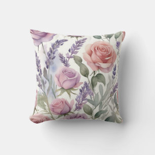Cojín Decorativo Rosas y lavanda soñadoras en acuarela