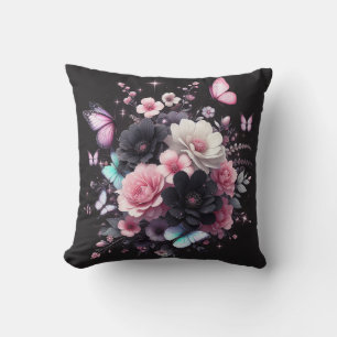 Cojín Decorativo Rosas y mariposas negras y rosas