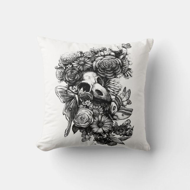 Cojín Decorativo Rosas y polillas - Negro (Anverso)