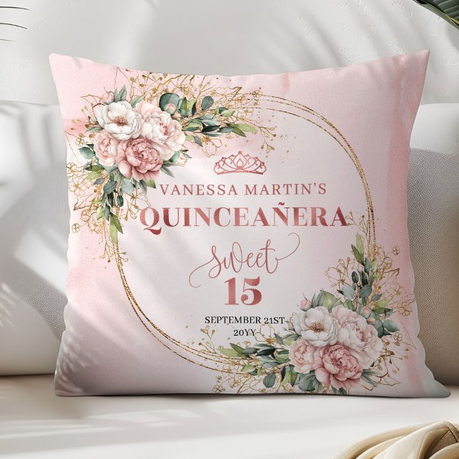 Cojín Decorativo Rose Gold Floral Eucalyptus Quinceañera Gift (Rose Gold Floral Eucalyptus Quinceañera Pillow Gift)