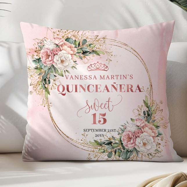 Cojín Decorativo Rose Gold Floral Eucalyptus Quinceañera Pillow (Elegant Rose Gold Floral Quinceañera 15th Birthday Pillow)