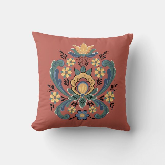 Cojín Decorativo Rosemaling en rojo y oro (Anverso)
