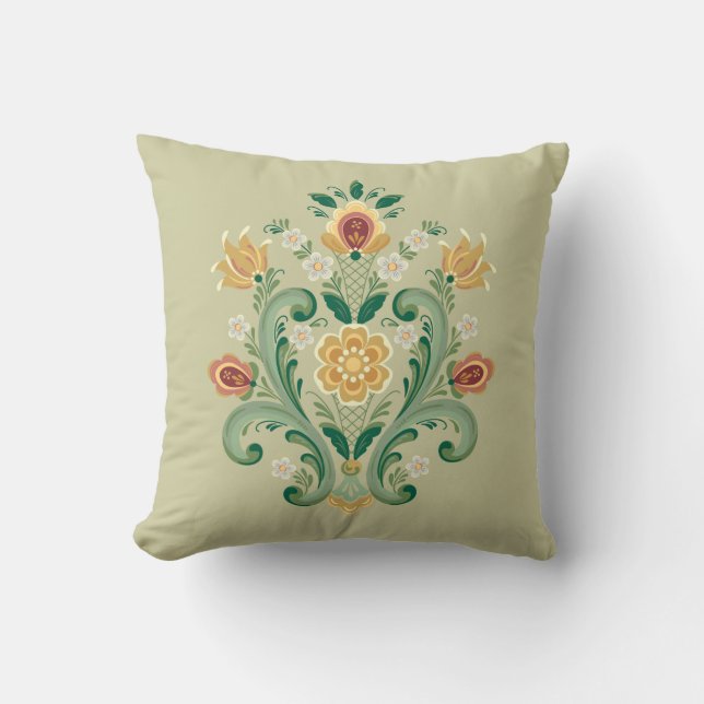 Cojín Decorativo Rosemaling en verde y oro (Anverso)