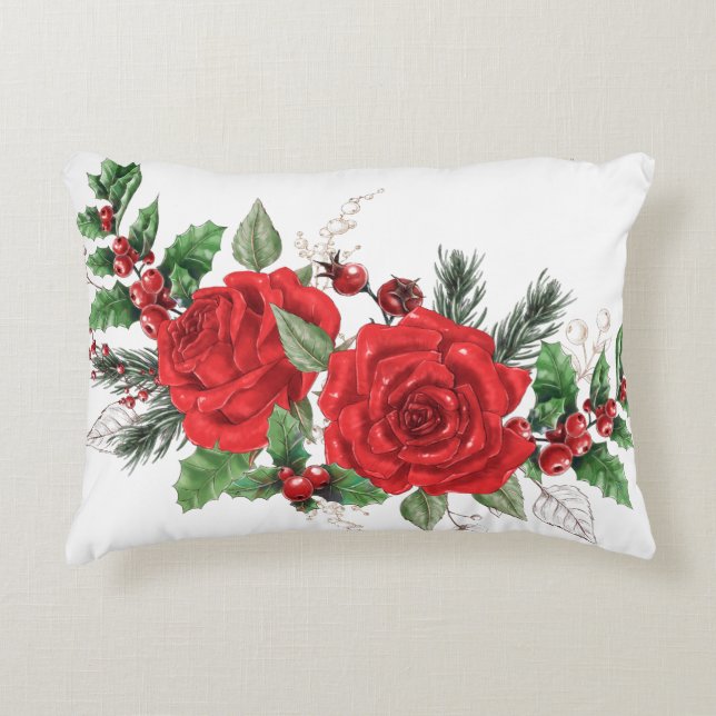 Cojín Decorativo Roses rojas bonito Holly Berries Agujas de pino (Anverso)