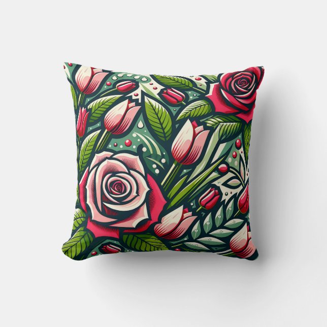 Cojín Decorativo "Roses rojas estilizadas con gotas de agua" (Anverso)