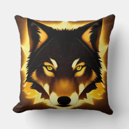Cojín Decorativo Rostro de lobo radiante iluminado por luz dorada