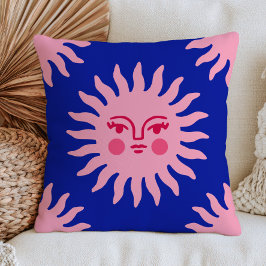 Cojín Decorativo Rostro de sol chic BOHO rosa sobre místico azul ma