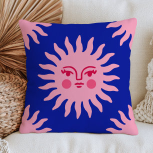 Cojín Decorativo Rostro de sol chic BOHO rosa sobre místico azul ma