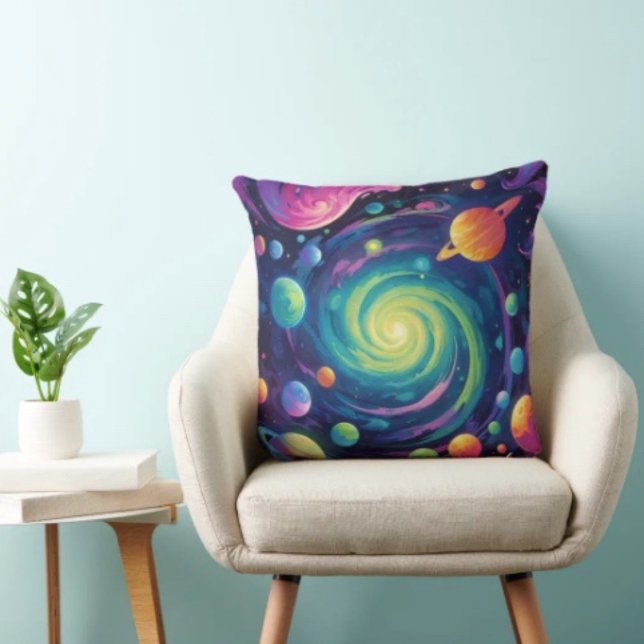 Cojín Decorativo Rotación Planetaria (Neon Galaxy Space Throw Pillow – Cosmic Spiral Planets Home Decor Trippy Nebula Sofa Cushion Gift)