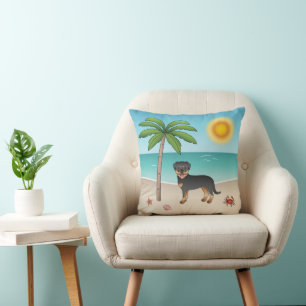 Cojín Decorativo Rottweiler negro y marrón en una playa tropical de