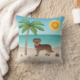 Cojín Decorativo Rottweiler Rojo y Marrón en una Playa Tropical de 