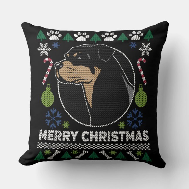 Cojín Decorativo Rottweiler Rottie Merry Christmas Ugly Sweater (Anverso)