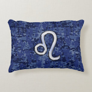 Cojín Decorativo Rótulo Leo Zodiac en Camuflaje Digital Azul
