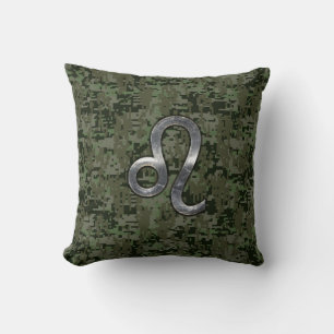 Cojín Decorativo Rótulo moderno Leo Zodiac en el Camo Digital Verde