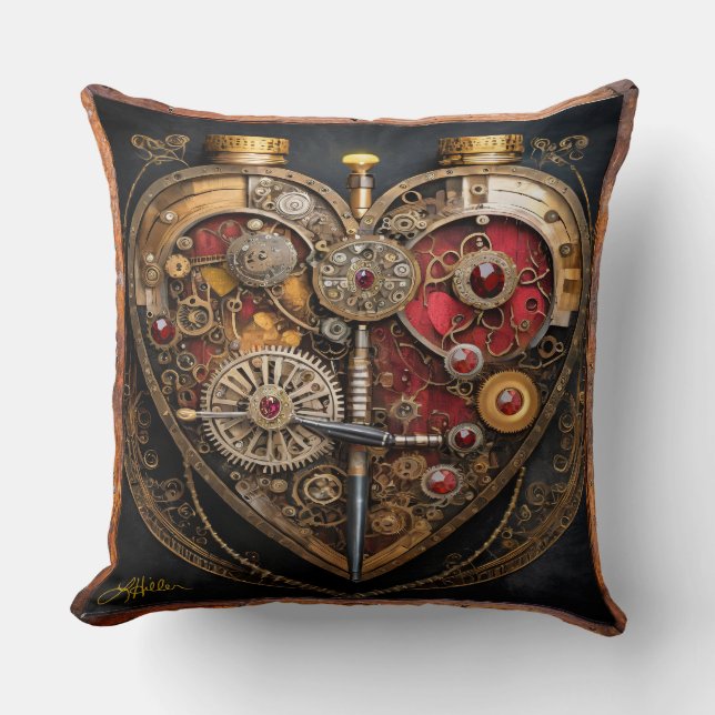 Cojín Decorativo Rubíes Steampunk Y Engranajes Corazón Oscuro  (Anverso)