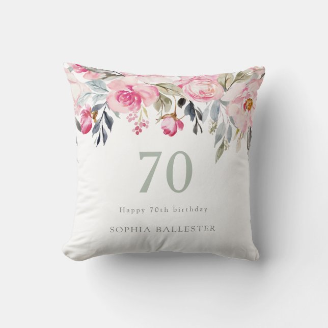 Cojín Decorativo Rubor acuarela Floral hermoso cumpleaños 70 (Anverso)