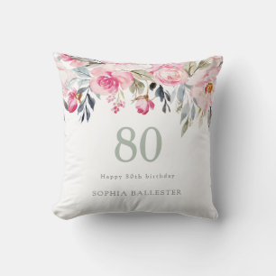 Cojín Decorativo Rubor acuarela Floral hermoso cumpleaños 80