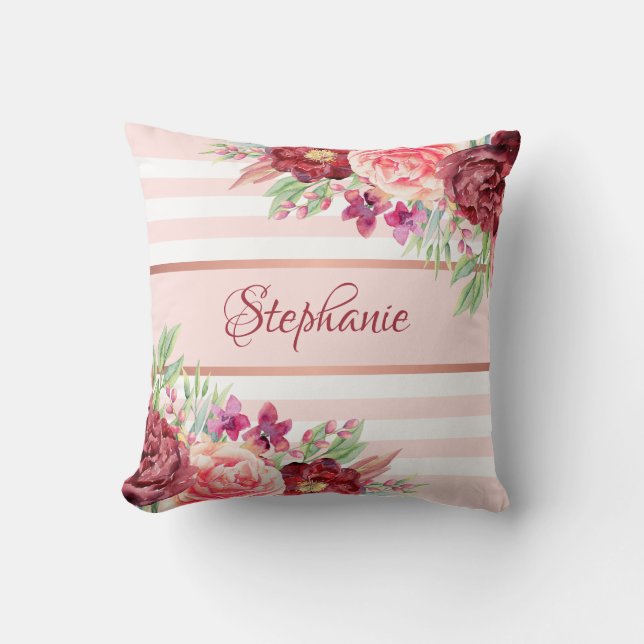 Cojín Decorativo Rubor Burgundy Floral Stripes Nombre Monograma (Anverso)
