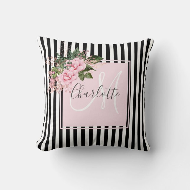 Cojín Decorativo Rubor rayas negras rosadas monograma floral  (Anverso)