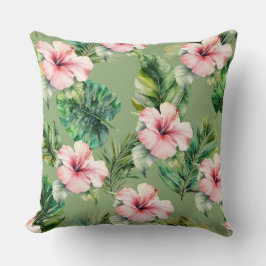Cojín Decorativo Rubor verde rosa tropical deja flores hibiscus