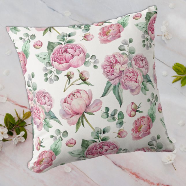Cojín Decorativo Rubro Floral Rosa y Verde Eucalipto Acuarela (Watercolor Floral Throw Pillow)