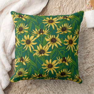 Cojín Decorativo Rudbekia amarilla en verde oscuro