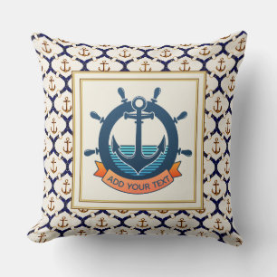 Cojín Decorativo Rueda de barco náutico y patrón de ancla azul mari