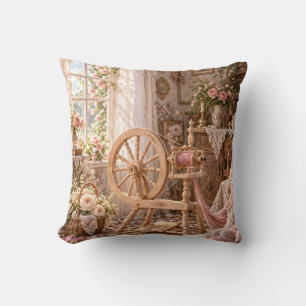 Cojín Decorativo Rueda de hilar rosa Cottage floral iluminado por e