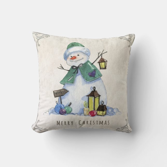 Cojín Decorativo Rusa acuarela Snowman Feliz Navidad (Anverso)