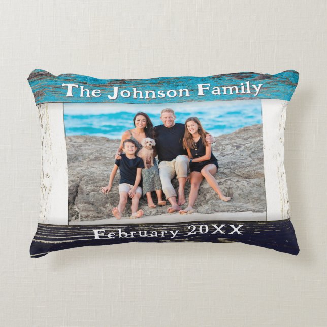Cojín Decorativo Rustic Blue Wood Family Name Photo (Anverso)