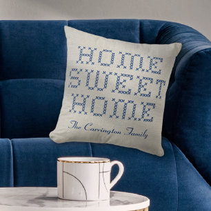 Cojín Decorativo Rustic Faux Cross Stitch Home Sweet Home Blue