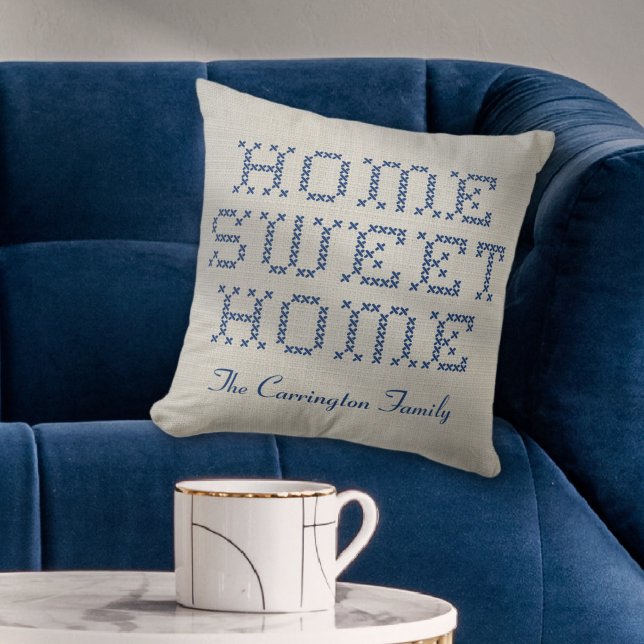 Cojín Decorativo Rustic Faux Cross Stitch Home Sweet Home Blue (Rustic and Charming Faux Cross-Stitch Home Sweet Home Blue Throw Pillow)
