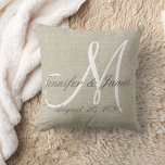 Cojín Decorativo Rustic Linen Look with White Monogram Wedding<br><div class="desc">Personalized wedding gift for newlyweds.Rustic printed linen look and white monogram initial pillow with bride and groom names and wedding date in a script font overlay design on a PRINTED beige linen photo effect background. Elke Clarke© for MonogramGallery at Zazzle. Makes a great gift for newly weds. Great trendy, elegant...</div>