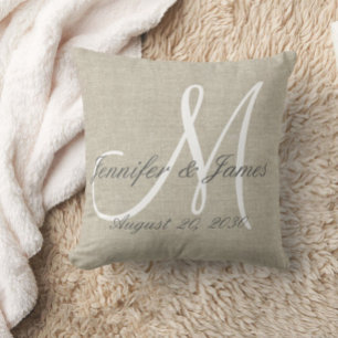 Cojín Decorativo Rustic Linen Look with White Monogram Wedding