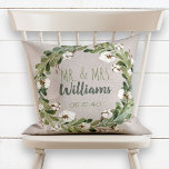 Cojín Decorativo Rustic Linen Wreath Mr & Mrs Boda Keepsake<br><div class="desc">Boda personalizado. Esta moderna almohada de diseño de lino digital rústico presenta un fondo de textura de lino beige natural con una hermosa vegetación acuática y una corona de algodón que enmarcan el moderno guión con letras a mano Mr. y la Sra. Monogram. El apellido de la pareja está escrito...</div>