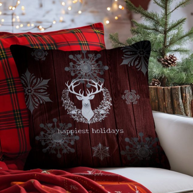 Cojín Decorativo Rústica acuarela de reno blanco | Roja (Red Rustic Watercolor White Reindeer Throw Pillow)
