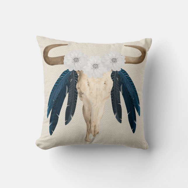 Cojín Decorativo Rústica Prairie Occidental Floral Cow Skull Feathe (Anverso)
