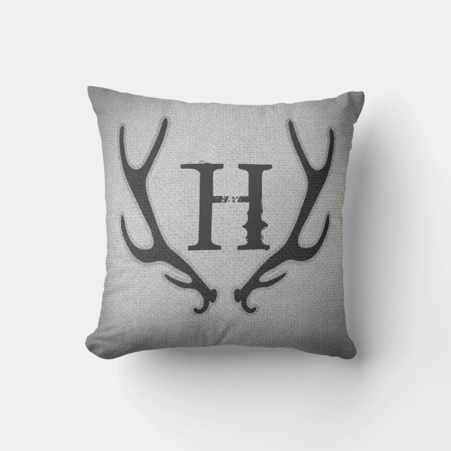Cojín Decorativo Rústicas Antlers Gris Faux Burlap Textura (Anverso)