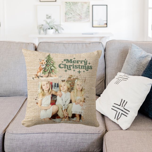 Cojín Decorativo Rústico beige burlap foto zorro árbol verde Navida (Subido por el creador)