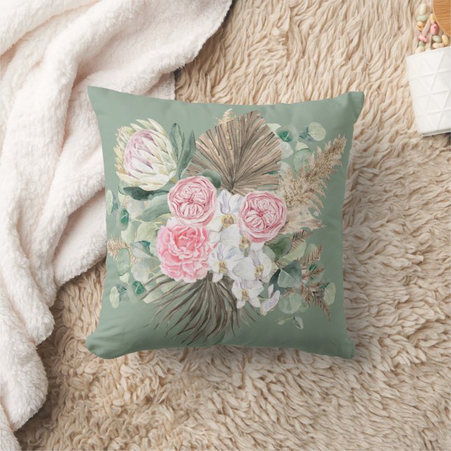 Cojín Decorativo Rústico Boho Evergreen Floral Rosa Pampas Verdor (Manta)