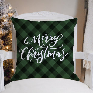 Cojín Decorativo Rústico Brush Script Feliz Navidad Plaid Verde