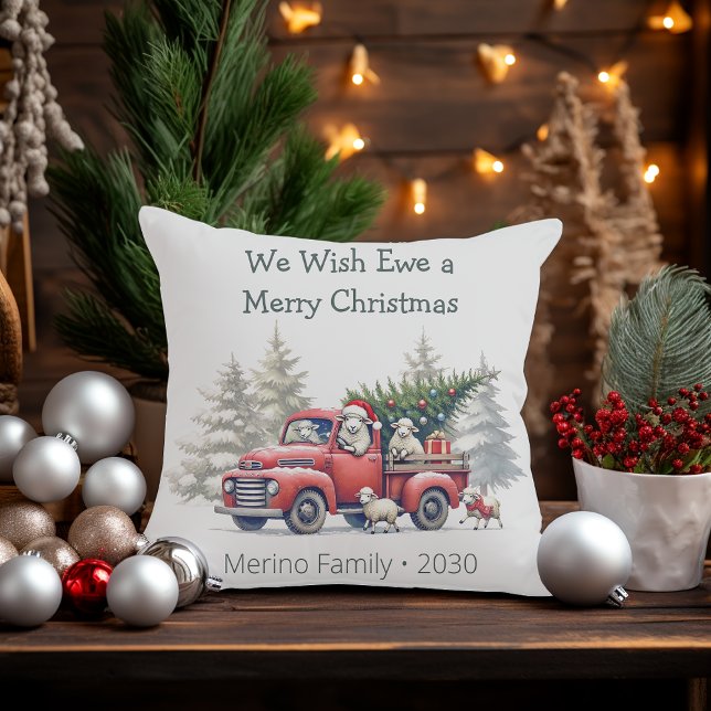 Cojín Decorativo Rústico Camión Rojo Tema (We wish ewe a merry christmas throw pillow)