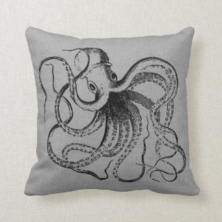 Cojín Decorativo Rústico Ilustracion de pulpo gris vintage
