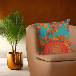 Cojín Decorativo Rústico marroquí naranja rojo hojas de otoño azule
