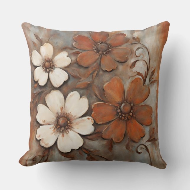 Cojín Decorativo Rústico Naranja Gris Marrón Floral Moderno (Anverso)