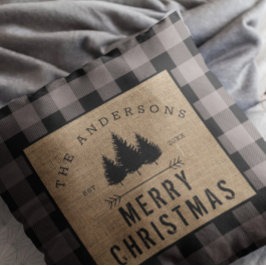 Cojín Decorativo Rústico nombre familia de país Feliz Navidad