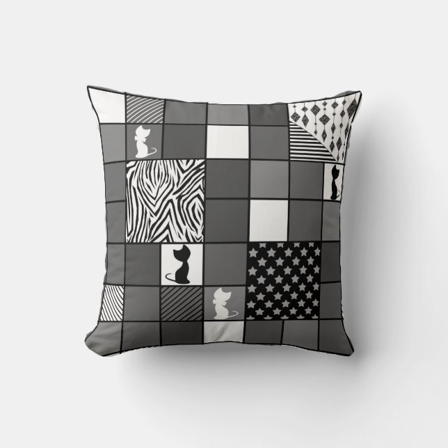 Cojín Decorativo Rústico, popular, negro y blanco, patchwork, Simpl (Anverso)