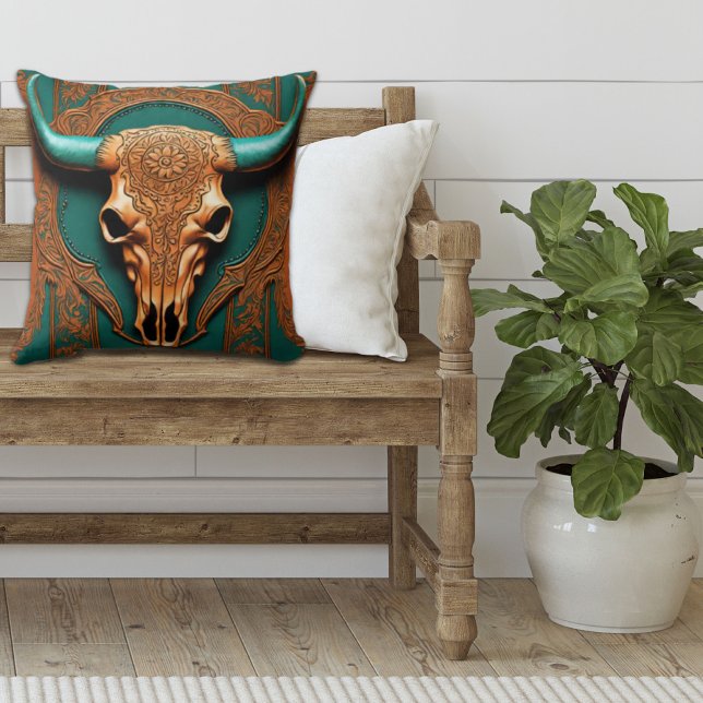 Cojín Decorativo Rústico Vaquero Naranja Verde azulado Southwestern (Southwestern bull skull teal orange western country pillow)
