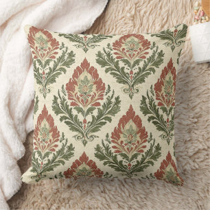 Cojín Decorativo Rústico Vintage Damask Rojo Verde Beige