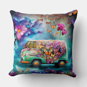 Cojín Decorativo Rusty vieja camioneta Combi con flores mariposas